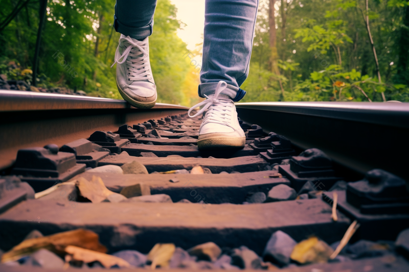 户外运动旅行徒步行走在铁轨上的远足特写镜头摄影图,高清,摄影图,摄影图片,图片大全,摄影图免费下载